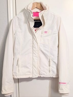 Abercrombie & Fitch White Puffer Jacket Neon Pink Fleece Size M Y2K AS IS